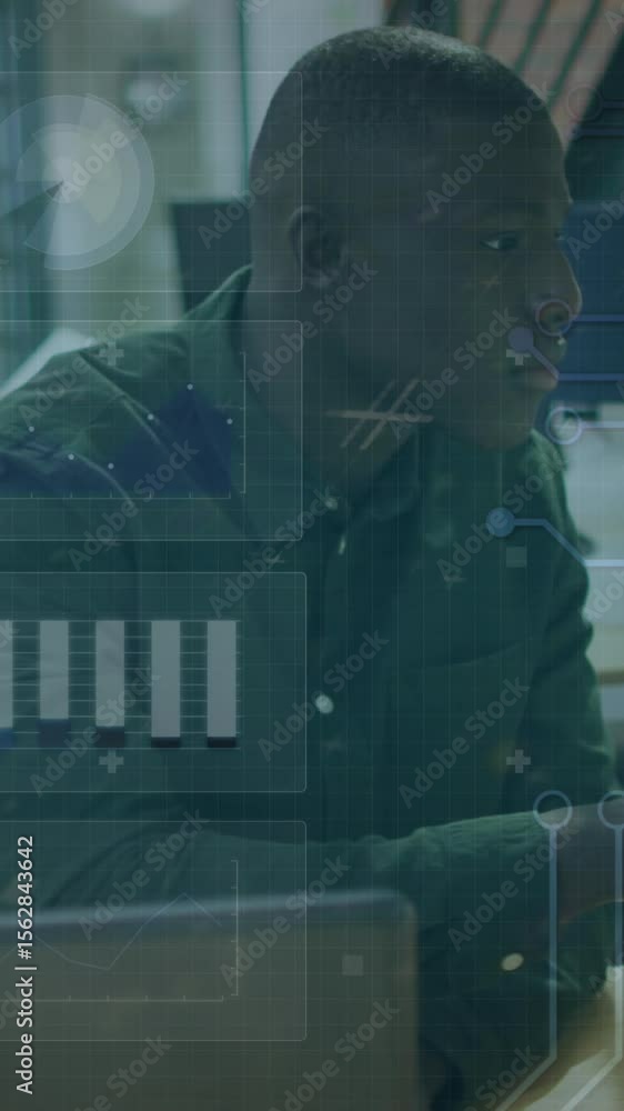 Poster animation of data processing over african american businessman using computer