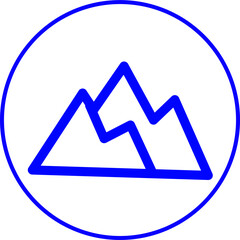mountains blue line icon inside circle. Blue line icon with Outdoor and lifestyle theme inside circle