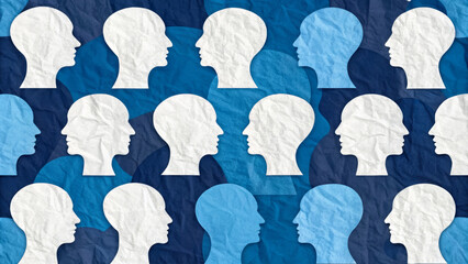 Fototapeta premium Job labor employment, unemployment. Silhouette head profile paper texture blue pattern background abstract human shapes repeat . Hiring rate, economic growth, opening workforce market