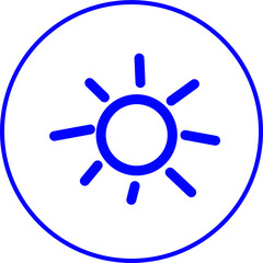 sun blue line icon inside circle. Blue line icon with Outdoor and lifestyle theme inside circle