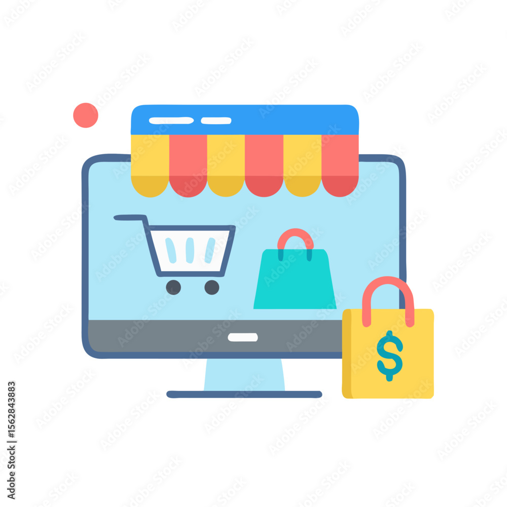 Poster online shopping concept featuring a computer with shopping elements