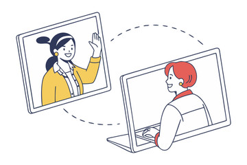 Virtual Connection: Two figures in a dynamic line art style, joyfully engage in a video call, symbolizing communication and the digital age. capturing the essence of connection.