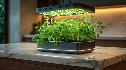 Compact Hydroponic Setup on Marble Kitchen Counter – Sustainable Plant Growing Kit