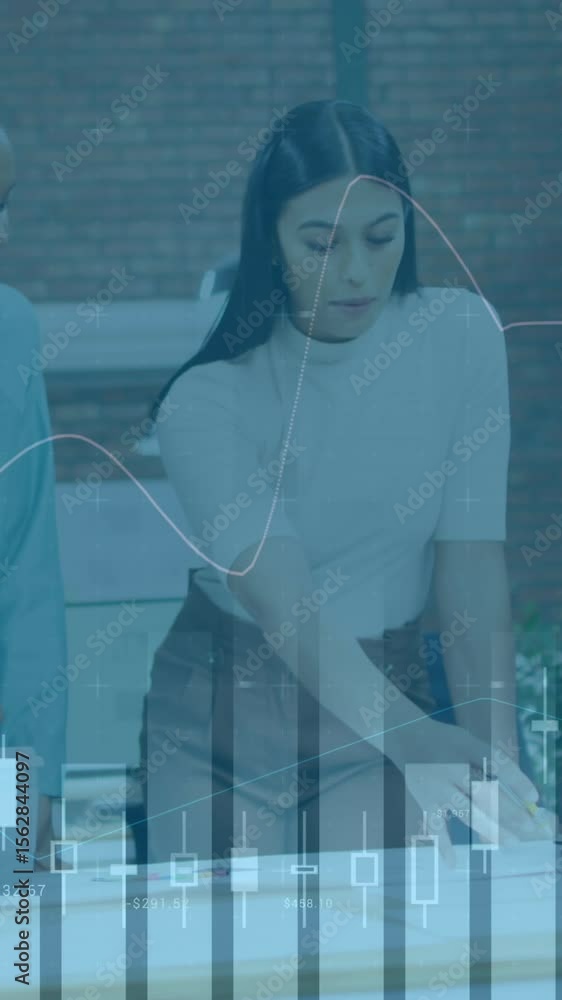 Poster animation of statistics and data processing over man using computer and city street