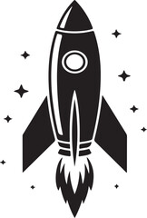 Retro rocket ship launching into space with sparkling stars silhouette
