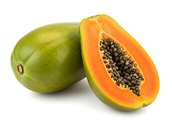 Papaya fruit sliced in half showing seeds on white background