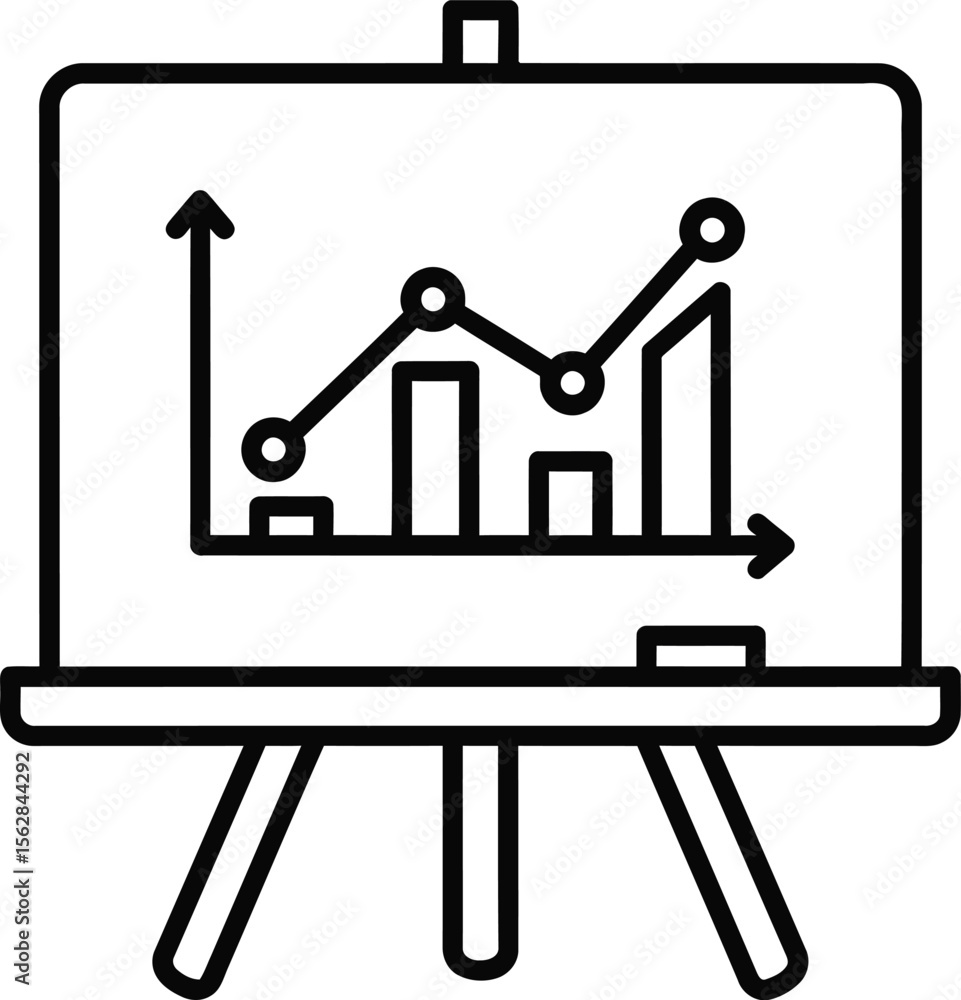 Poster a simple line drawing of a whiteboard easel displaying upward trending graphs and charts.
