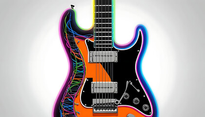 Naklejka premium Electric Guitar Anatomy: Vivid Rainbow Outline, Orange Body, Black Pickguard, Detailed Interior View.