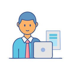 Cartoon businessman working with laptop and paper documents