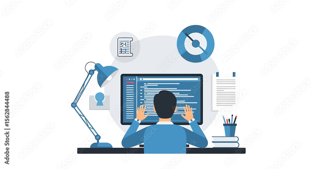 Poster programmer focused on coding with monitor, lamp, and desk accessories.