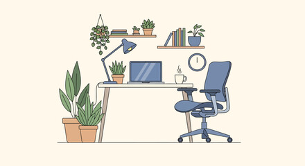 Modern Workspace Illustration Featuring Desk, Chair, Plants, and Laptop.
