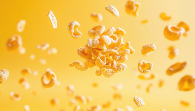 Yellow snack pieces in mid-air against a backdrop of the same color