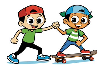 Friendship's Glide: Two young boys, brimming with the vigor of youth, exude camaraderie as one takes to skateboarding, their bond mirroring the joy of shared experiences.