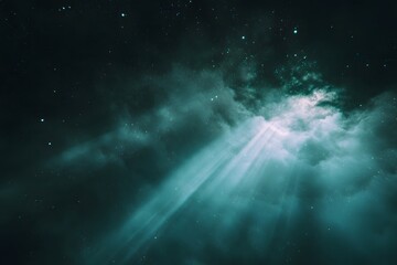 Vintage film-like grainy photograph of a dark space with light beams, a white glowing cloud in the distance,