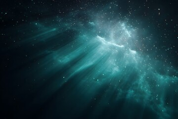 Vintage film-like grainy photograph of a dark space with light beams, a white glowing cloud in the distance,