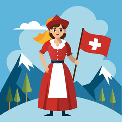Swiss woman in traditional dress holding a flag suitable for banners and advertisements