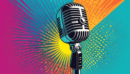 Retro Microphone Pop Art Design, Vibrant Music Background