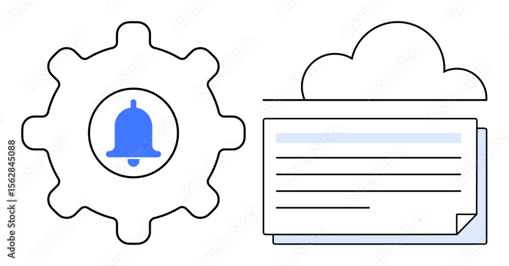 Poster gear with notification bell beside stacked documents under a cloud. ideal for teamwork, notification