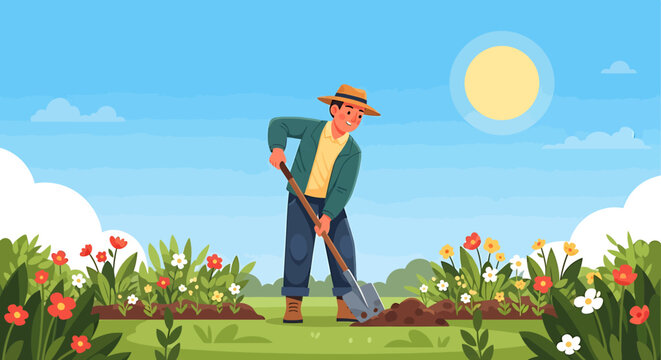 Smiling Gardener Tilling Soil Among Vibrant Flowers on Sunny Day