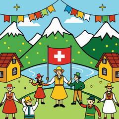 Lively village festival with traditional folk dancing and swiss cultural elements