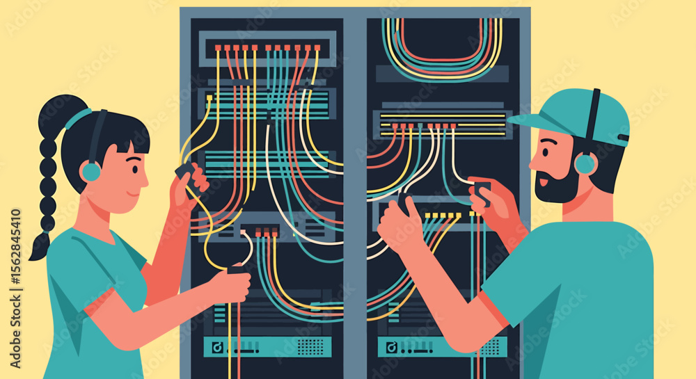 Poster technicians working on server racks with colorful cables and headsets.
