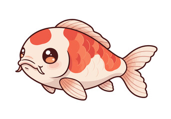 A cartoonish koi fish in white and red with large eyes and flowing fins