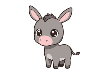 A cartoonstyle donkey with big eyes pink nose and ears and a small tail It has grey fur and is standing on a white background