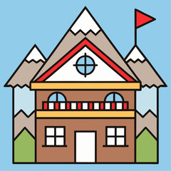 Flat design illustration of traditional swiss architecture with mountain backdrop