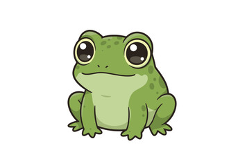A cartoonstyle green frog with large expressive eyes sits centered on a white background