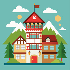 Flat design illustration of traditional swiss architecture perfect for banners and advertisements