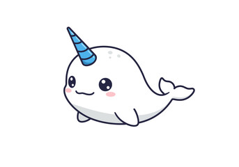 A cartoonstyle narwhal with a blue horn smiling