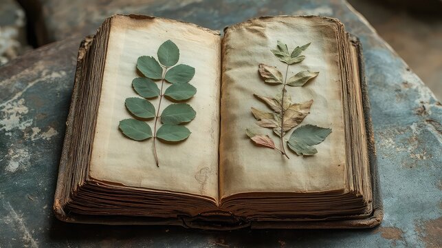 Pressed leaves in book with aged pages organic shapes and vintage charm ideal for memory nostalgia or nature content