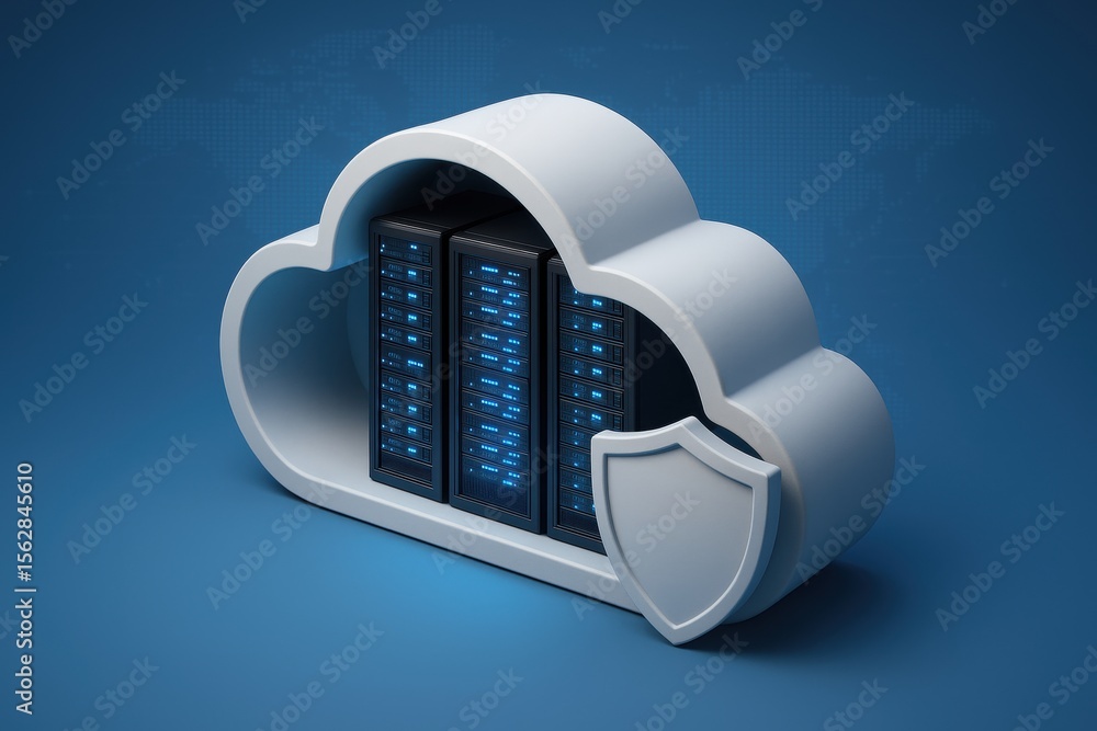 Aufkleber secure cloud hosting: symbolizing secure data and cloud storage, this sleek 3d rendering showcases d