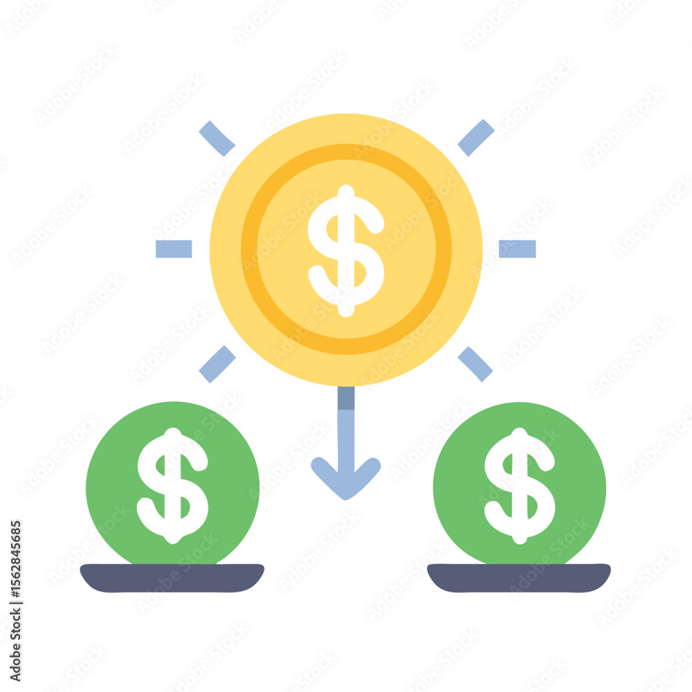 Poster flat illustration showing money distribution from one source to two