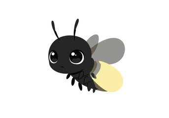 A cute cartoon firefly with big eyes small wings and a glowing yellow abdomen floats against a white background
