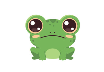 A cute cartoon frog with big round eyes lightgreen skin and a sad expression sits on a white background