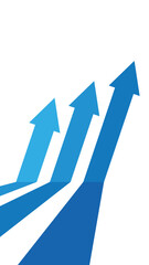 3 blue business arrows in a row slanted pointing up in vertical format