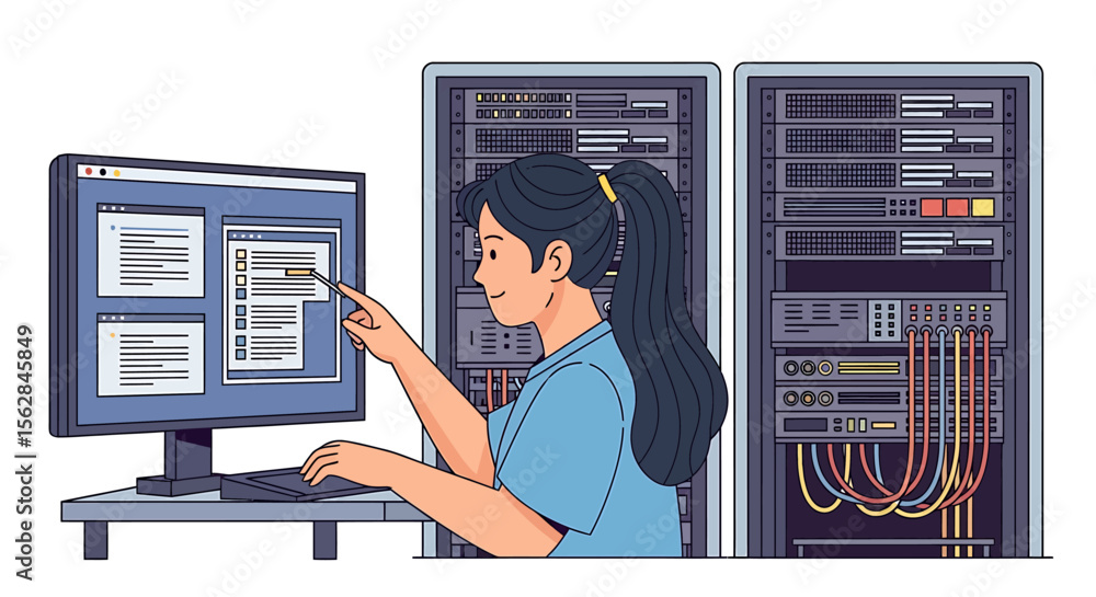 Poster woman pointing at checklist on computer screen in front of server racks
