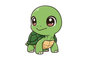 A cute cartoonstyle green turtle with big eyes and a light brown belly stands against a plain white background