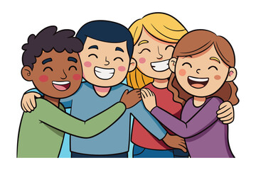 Fototapeta premium Embrace of Unity: A group of diverse, cheerful companions sharing an intimate moment of camaraderie. The animated illustration evokes feelings of togetherness.