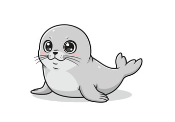 A cute gray cartoon seal with big eyes and a friendly expression