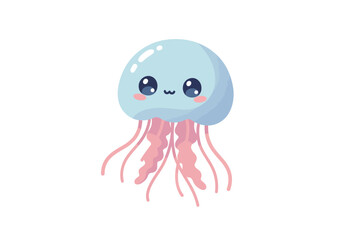 A cute light blue jellyfish with pink tentacles round eyes and a tiny wavy mouth