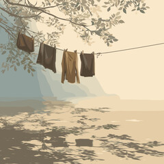Serene Lakeside Illustration with Clothes Hanging on a Line under Tree Branches in Soft Pastel Tones