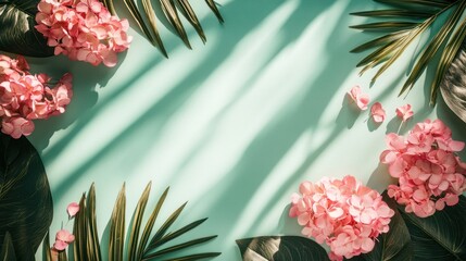 Pastel floral arrangement with tropical leaves