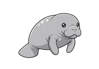 A gray manatee with black outlines floats on a white backdrop showcasing its smooth skin and small eyes