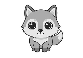 A gray cartoon wolf with big eyes a small nose and a fluffy tail is sitting upright on a white background