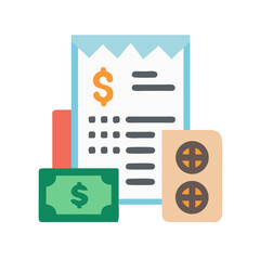 Cartoon money medications bill flat illustration on black background