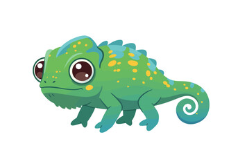 A green cartoon chameleon with yellow spots and a curled tail on a white background