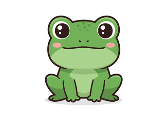 A green cartoon frog with large eyes  pink cheeks sits against a white background