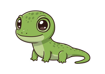 A green cartoon gecko with large eyes a small smile and darker green spots sits against a white background